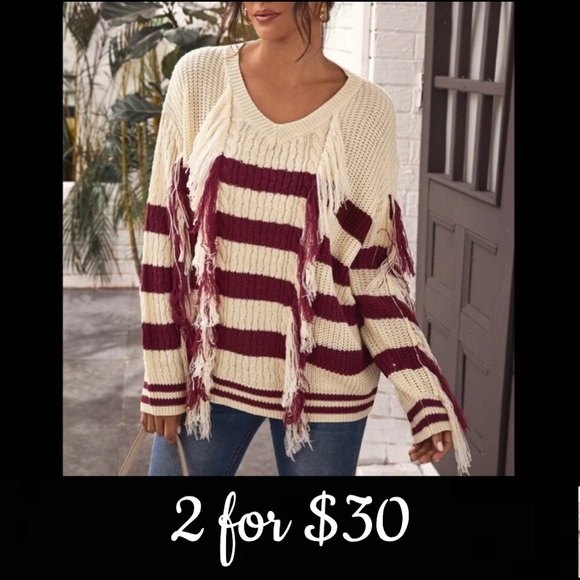Sweaters - 🆕 (M) Boho Burgundy/White Fringe Striped Sweater